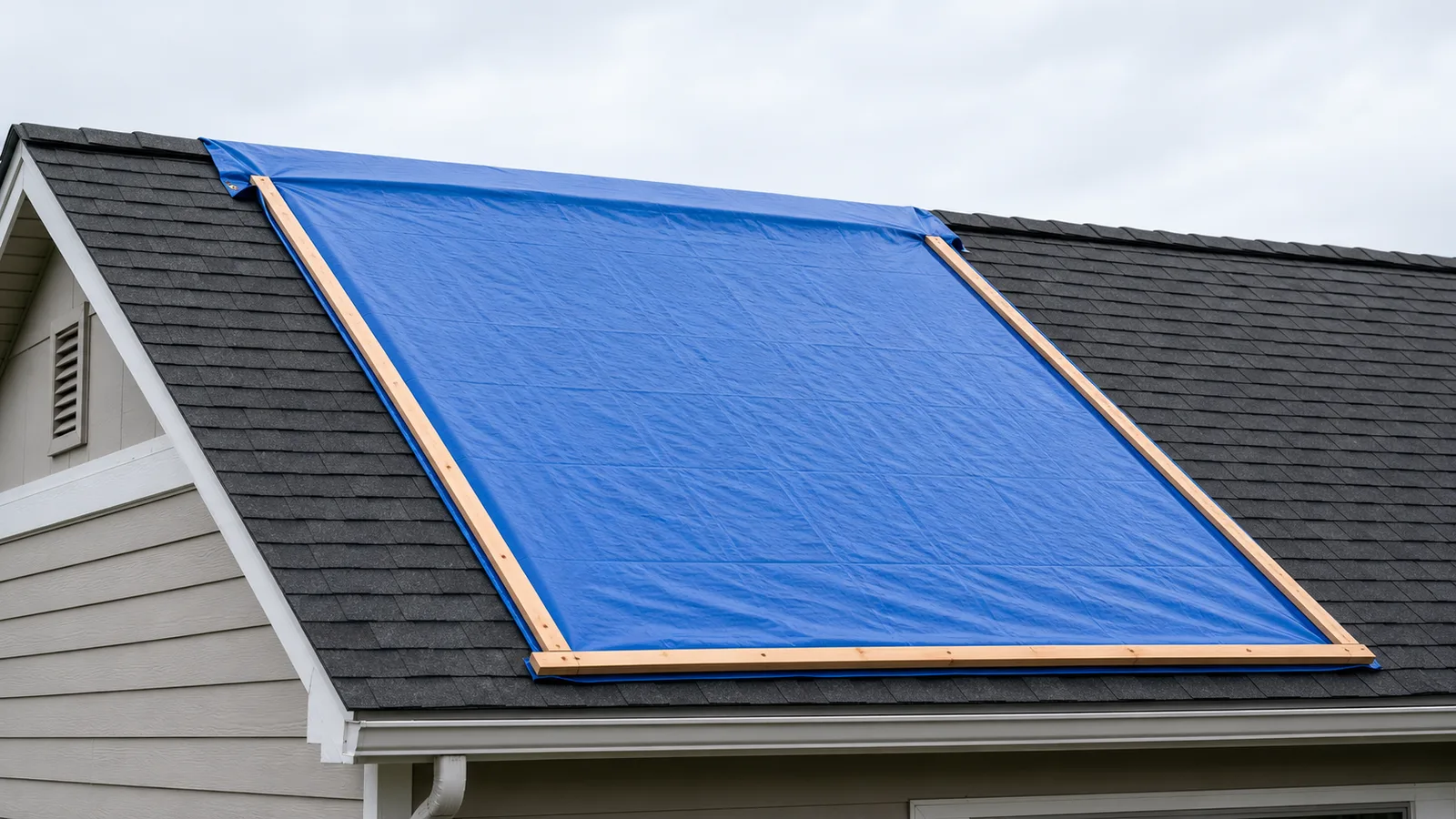 Emergency roof tarp extended over the ridge and secured with perimeter wood battens