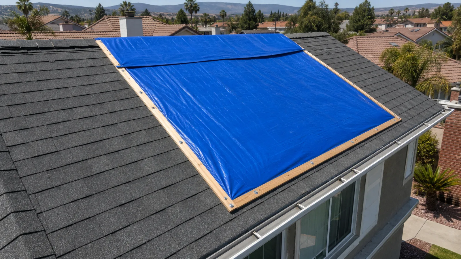 Temporary blue roof tarp secured over a localized storm-damaged shingle area