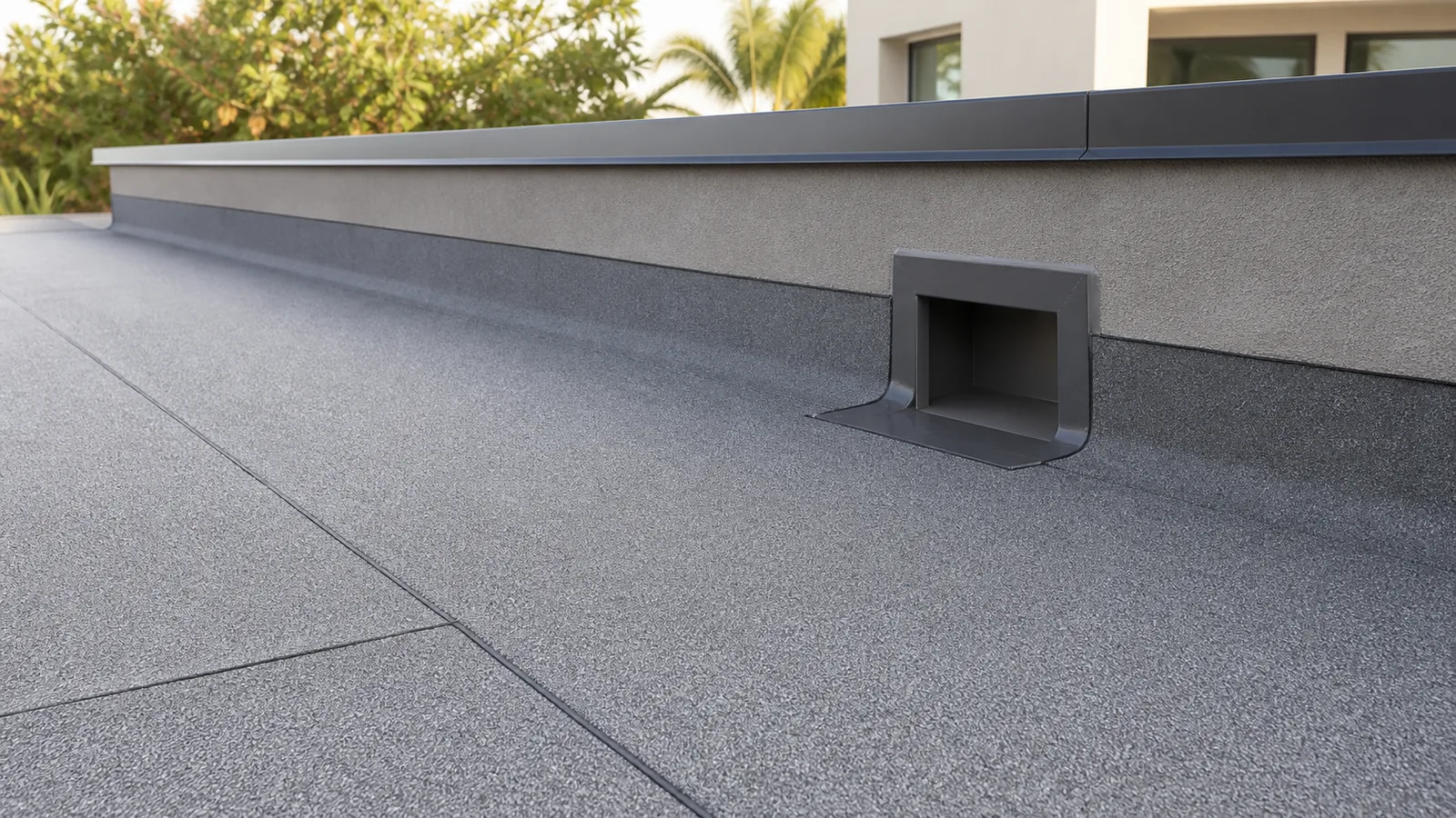 Gray modified-bitumen roof with parapet base flashing, metal coping and a scupper