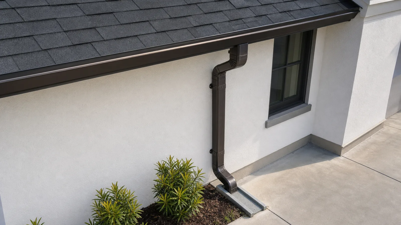 Seamless aluminum gutter and downspout carrying roof runoff to a concrete splash block