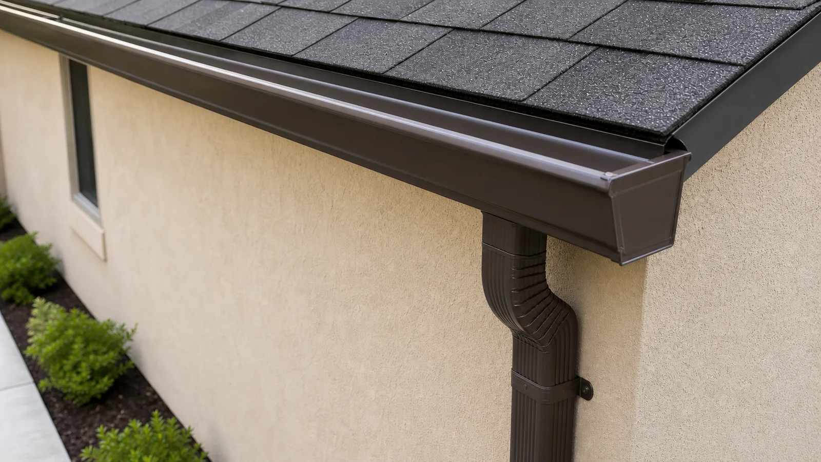 Seamless aluminum gutter and downspout below a shingle roof drip edge