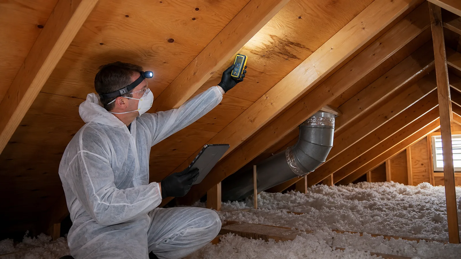 Roof inspector checking attic decking with a moisture meter and documenting findings