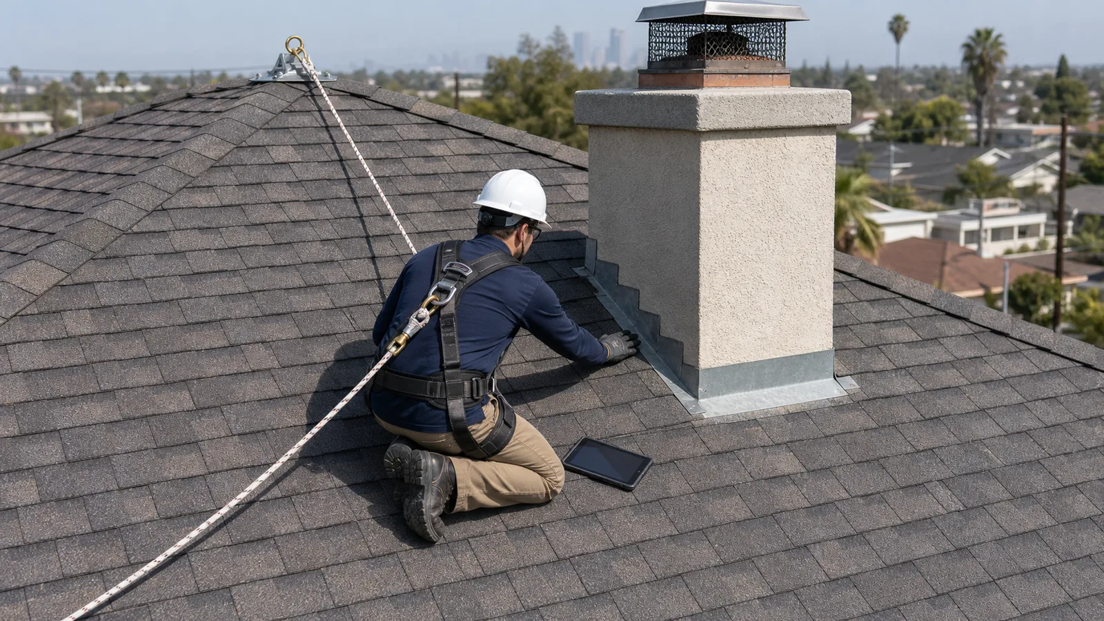 Roof inspector using fall protection while checking chimney step flashing