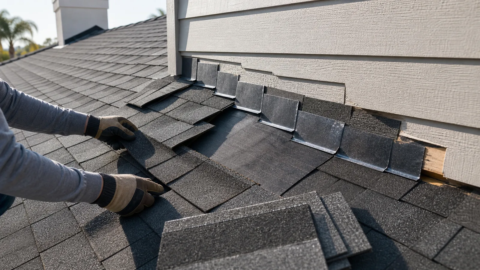 Asphalt shingle roof repair with synthetic underlayment and step flashing at a sidewall