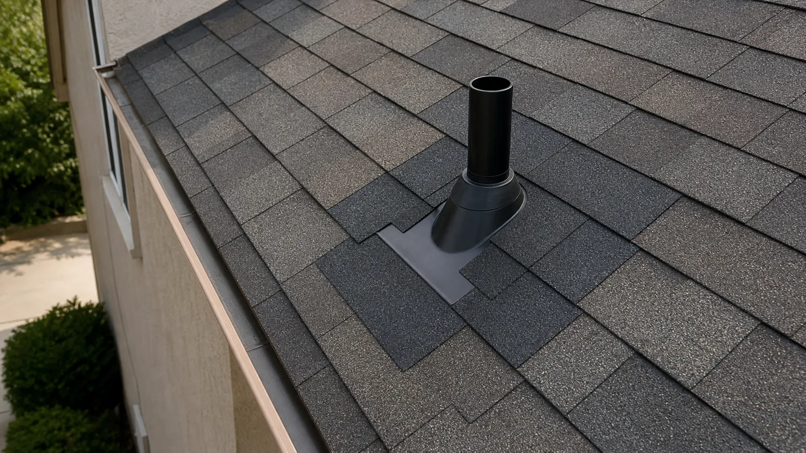 Localized asphalt shingle repair around a newly flashed plumbing vent