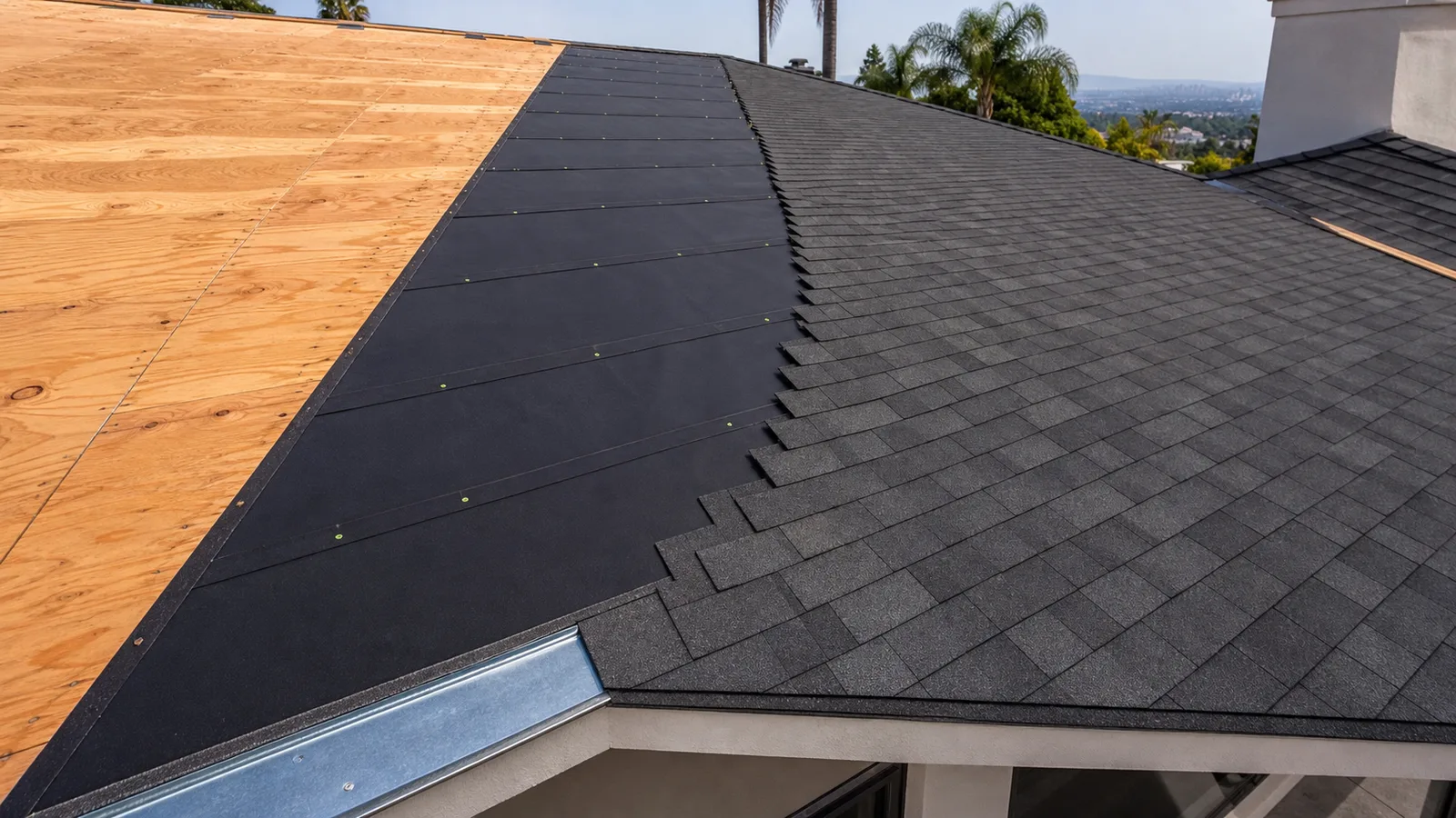 Roof replacement stages showing plywood decking, synthetic underlayment and finished architectural shingles