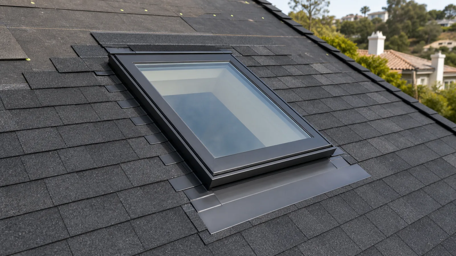 Deck-mounted skylight installation with sill apron, step flashing and head flashing
