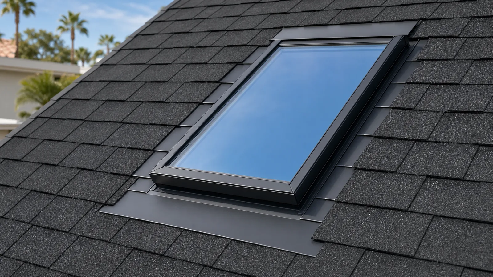 Deck-mounted skylight with head, side and sill flashing integrated into shingles