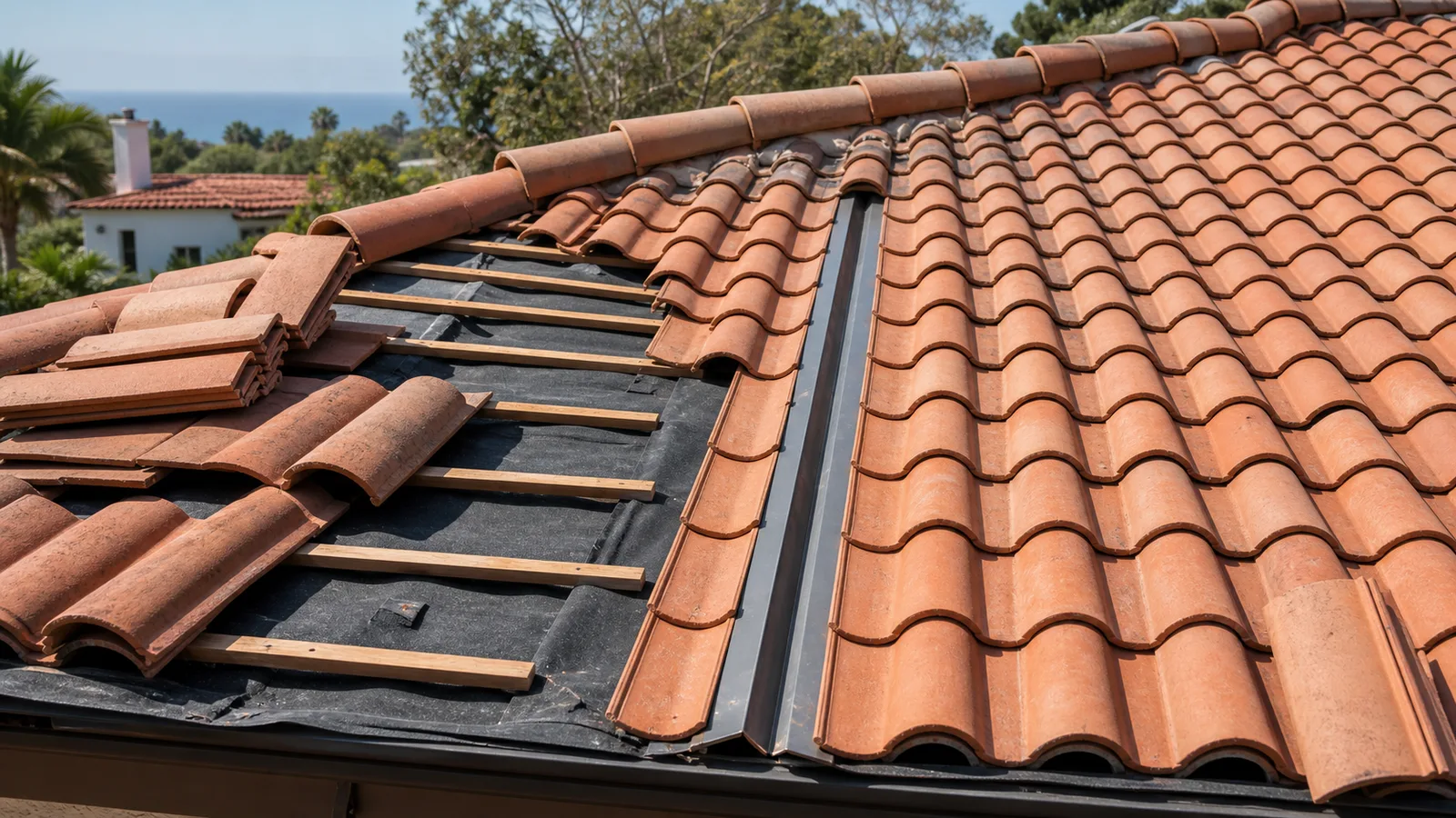 Terracotta tile roof service showing battens, underlayment and an open metal valley