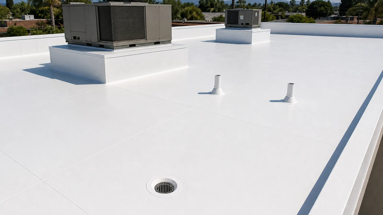 White TPO membrane roof with welded seams, flashed HVAC curbs, pipe boots and drain