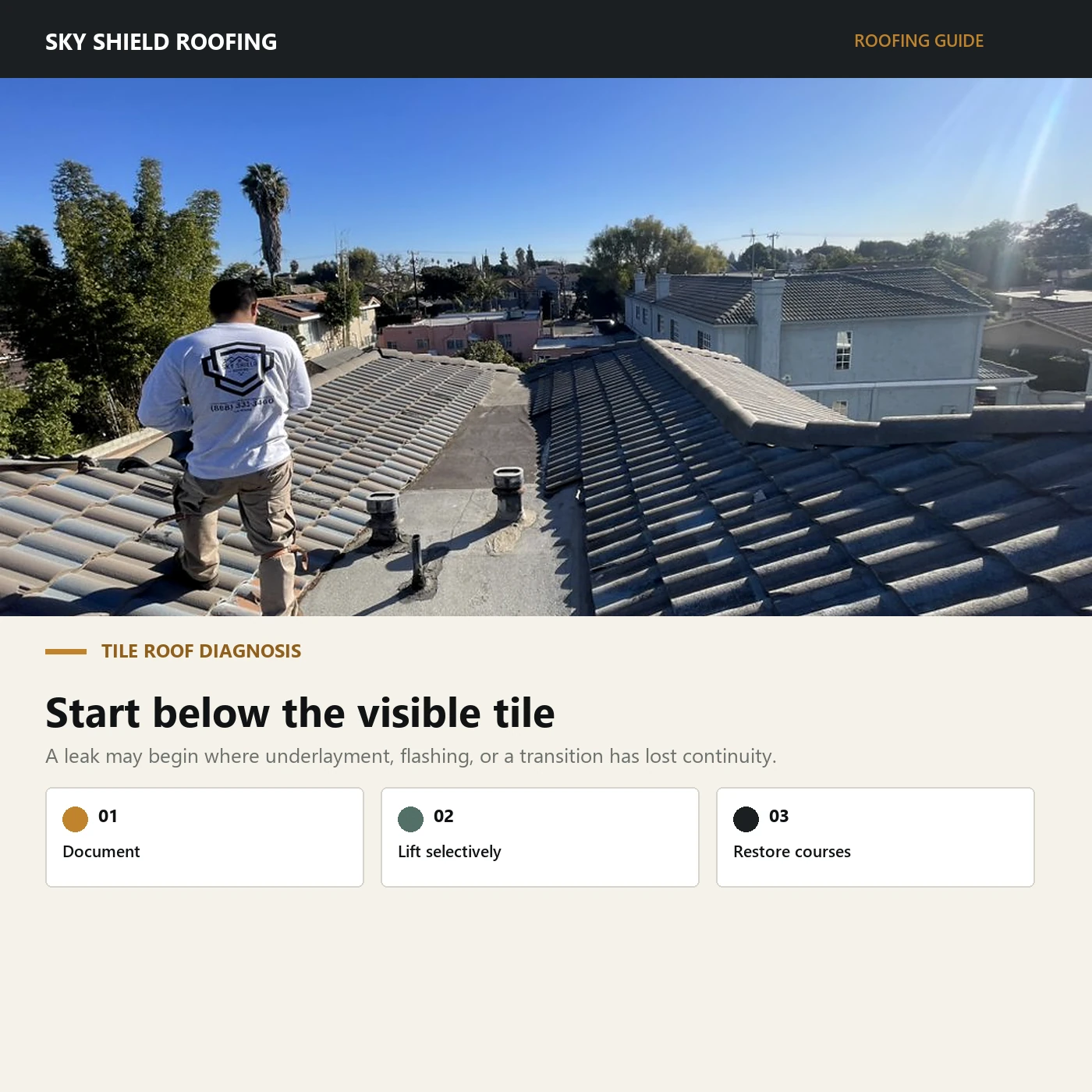 Editorial guide using a documented Sky Shield tile tear-off photo to explain the hidden waterproofing layer