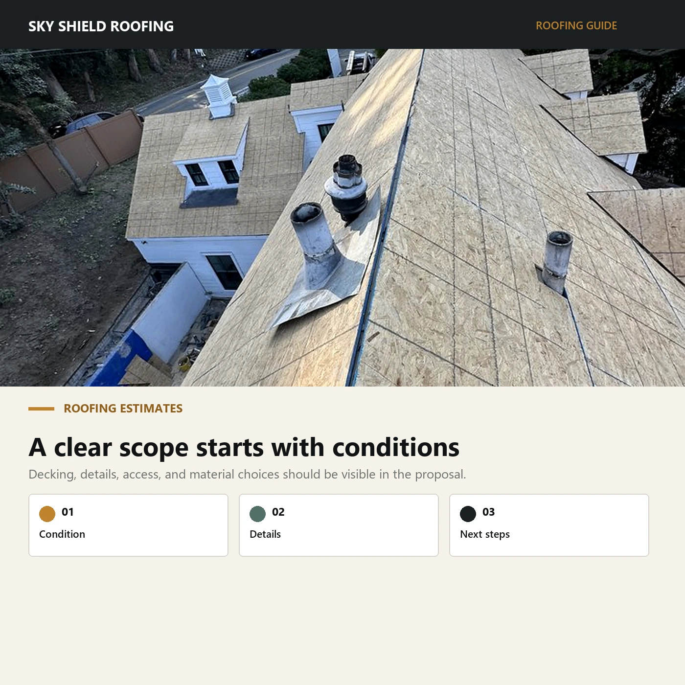 Roof replacement estimate guide using a documented plywood deck preparation photo