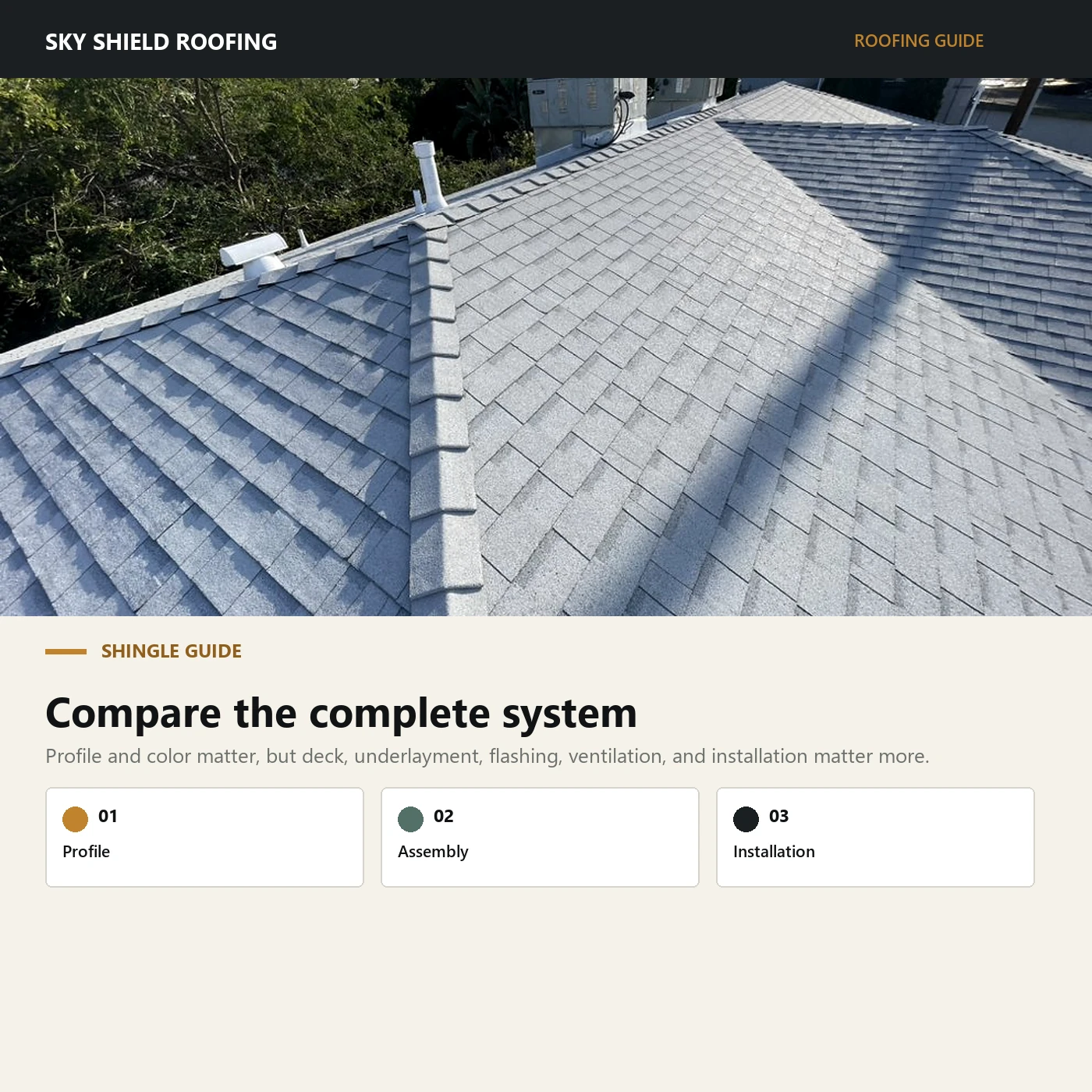 Shingle comparison guide using a documented completed cool-roof installation photo