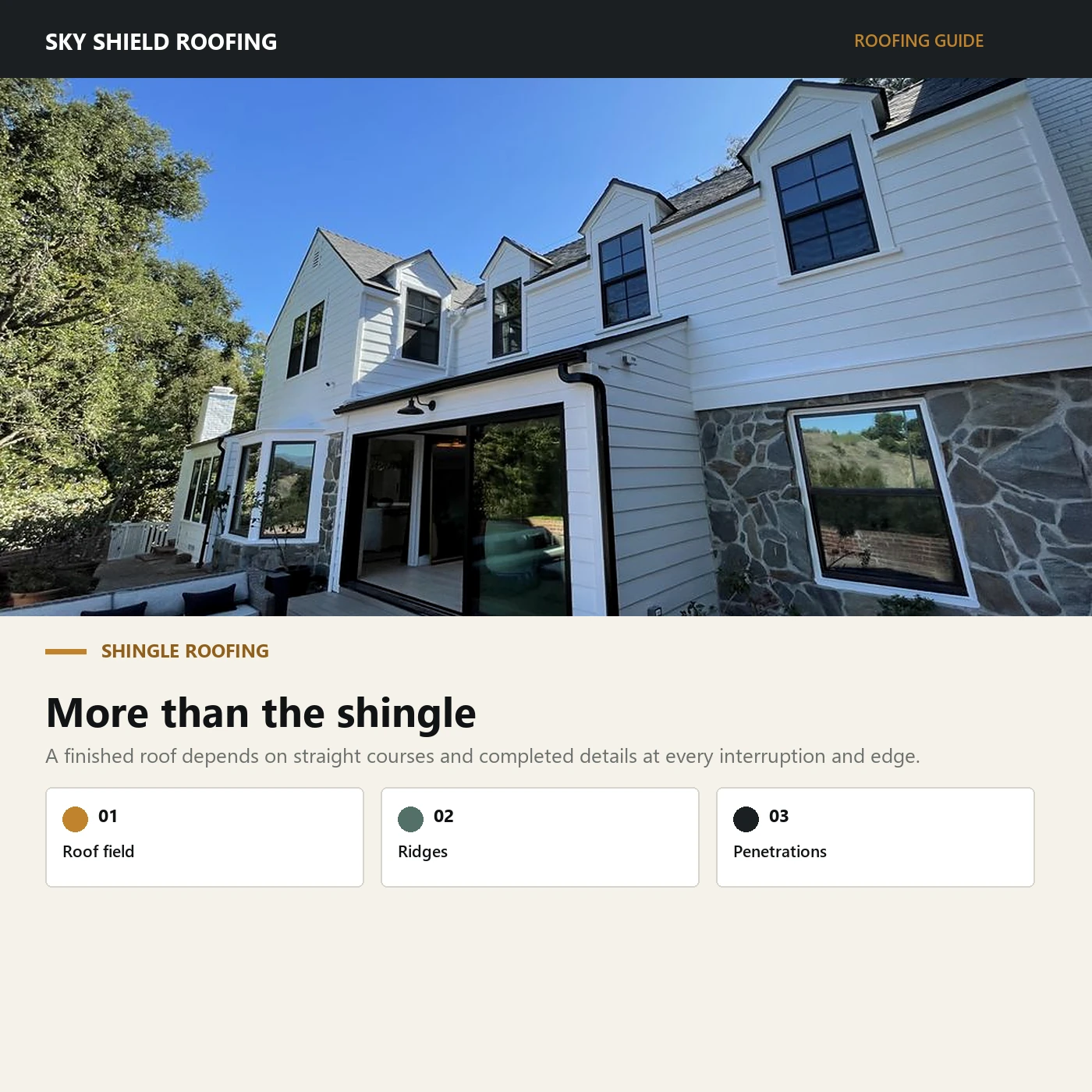Shingle roof system guide using a documented completed Sky Shield Roofing project photo