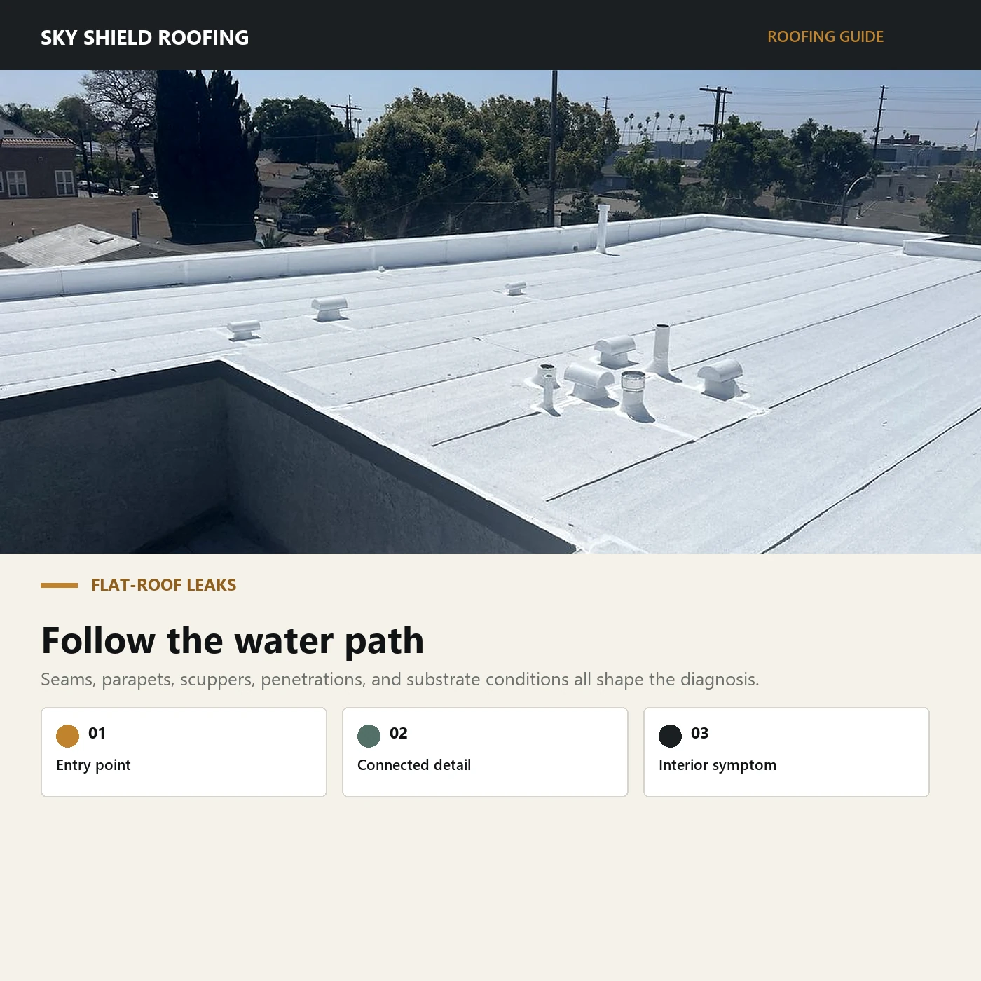 Flat roof leak tracing guide using a documented low-slope roof and drainage photo