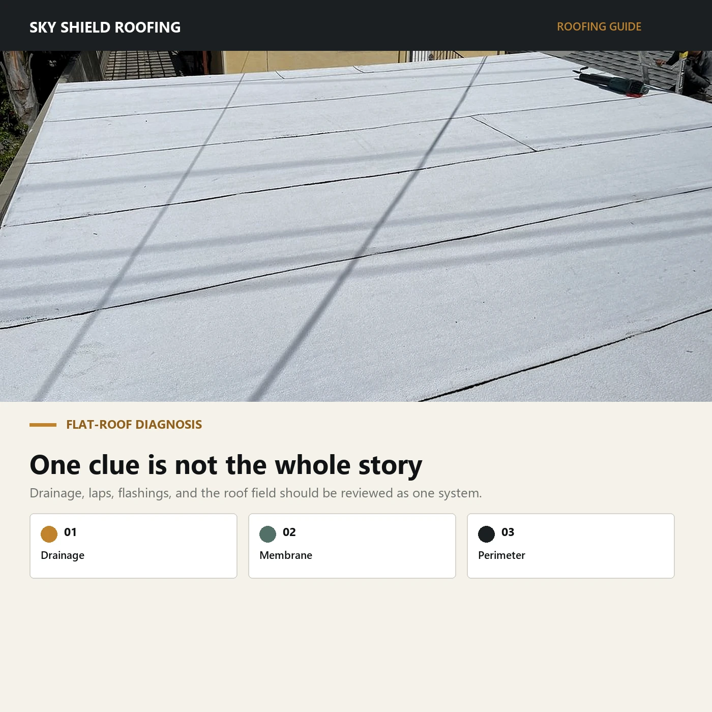 Low-slope roof diagnosis guide using a documented completed roof-surface detail