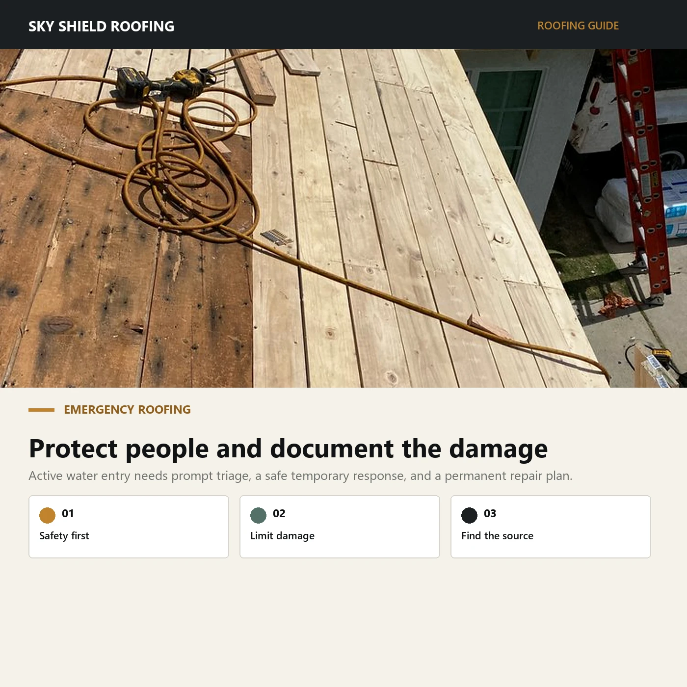 Emergency roofing guide using a documented deck replacement after severe roof leak damage