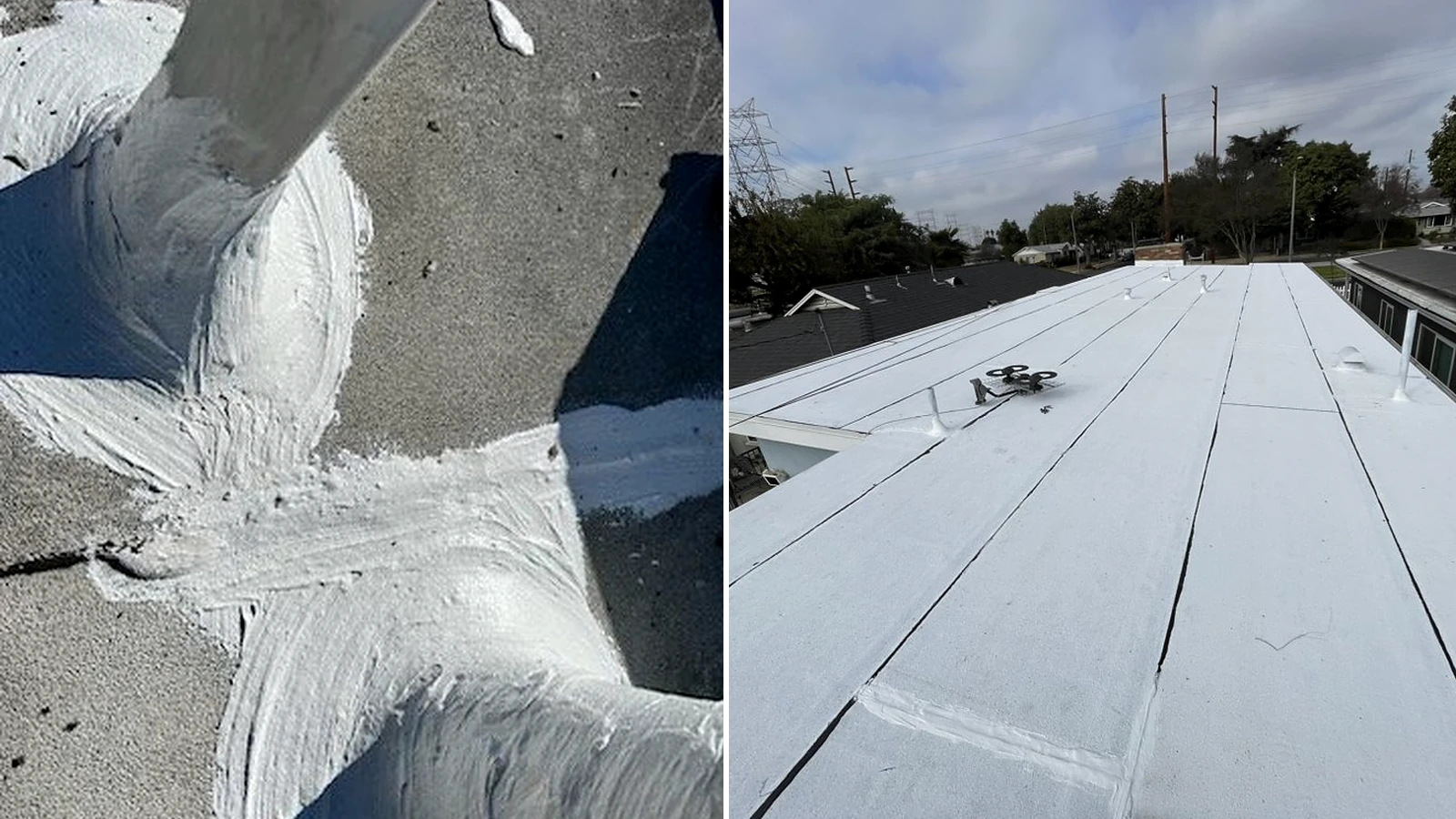 Documented low-slope roof leak opening and completed cool-roof examples from separate Sky Shield Roofing projects