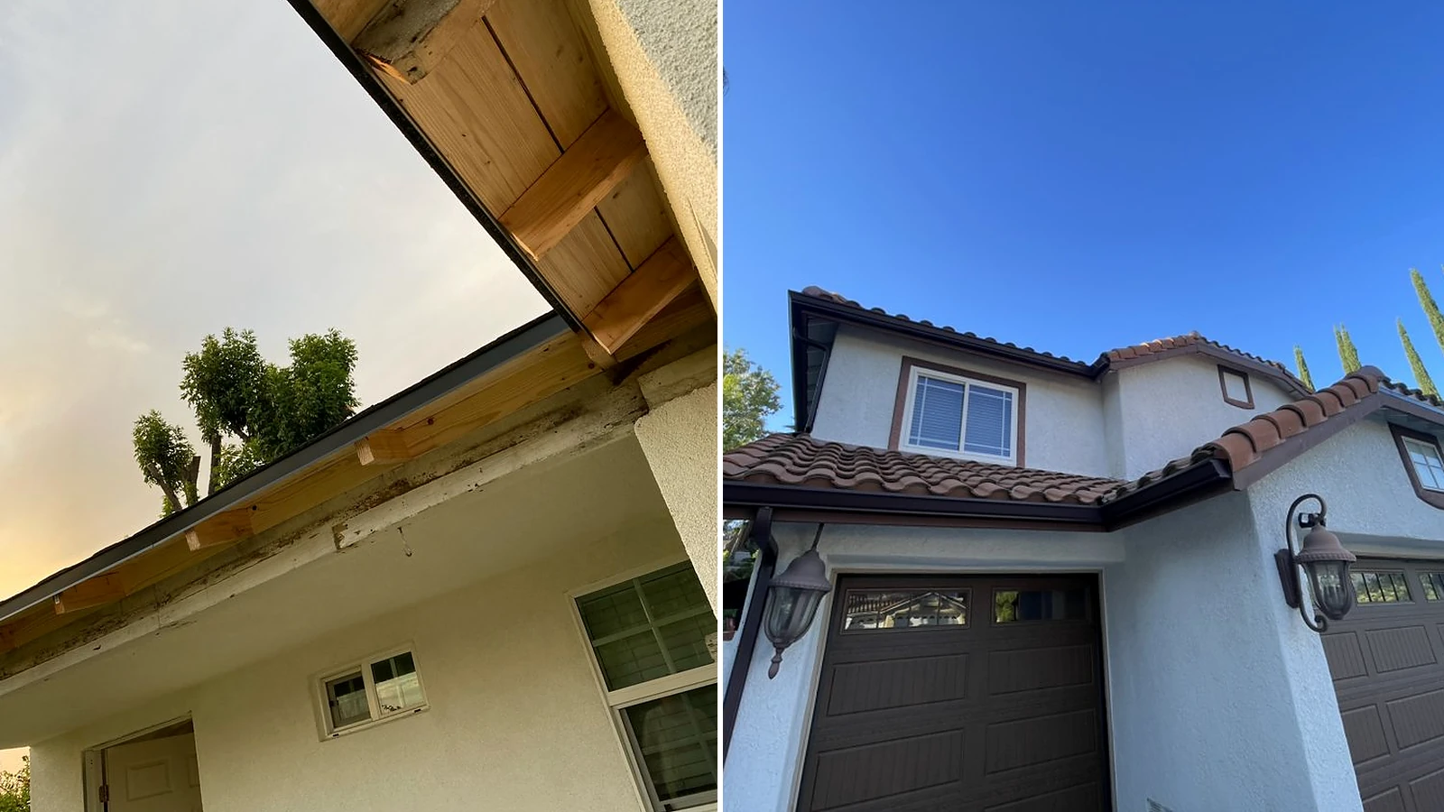 Documented damaged roof edge and completed seamless gutter examples from separate Sky Shield Roofing projects