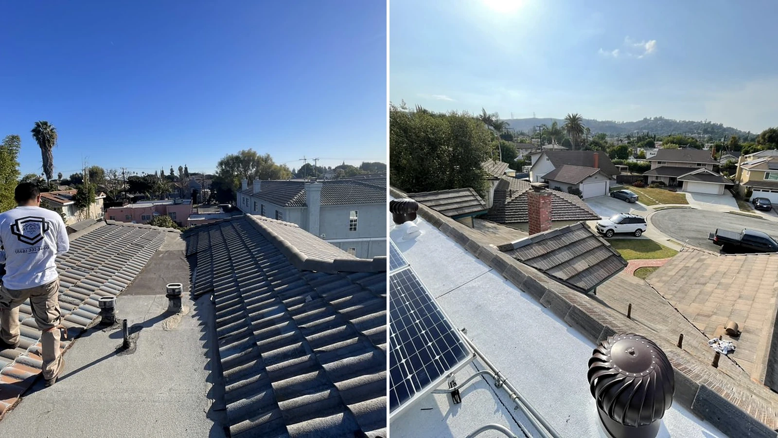 Documented tile tear-off and completed tile roof examples from separate Sky Shield Roofing projects