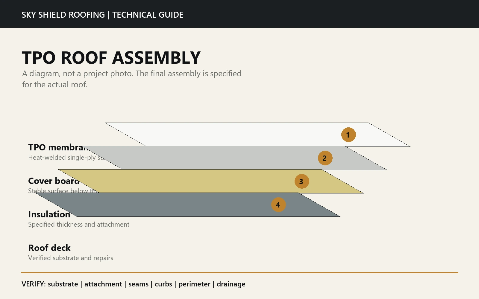Technical diagram of a TPO roof assembly showing membrane, cover board, insulation and roof deck